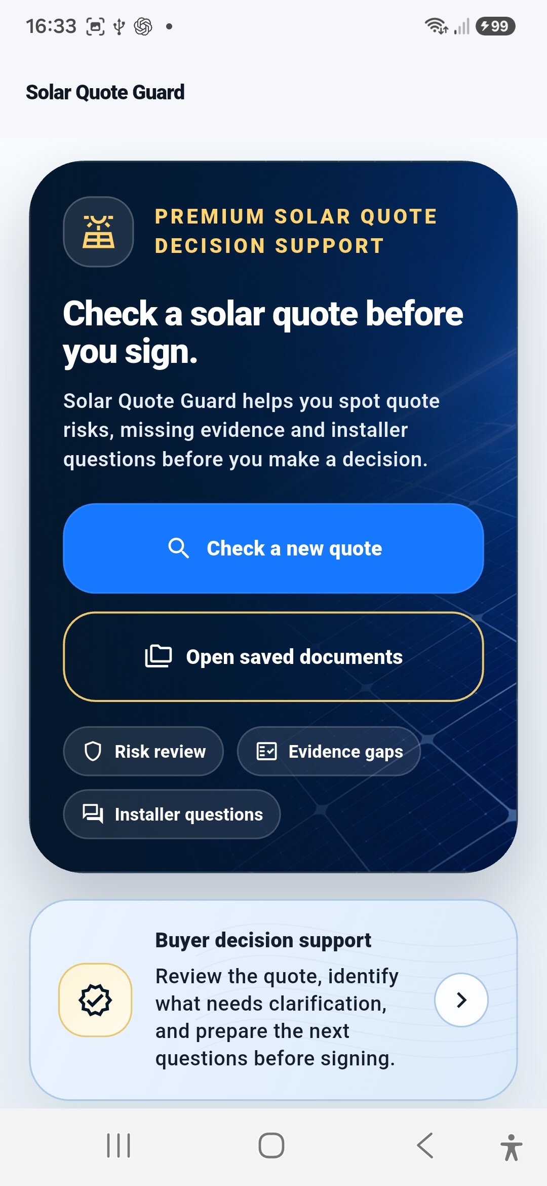 Solar Quote Guard home screen.