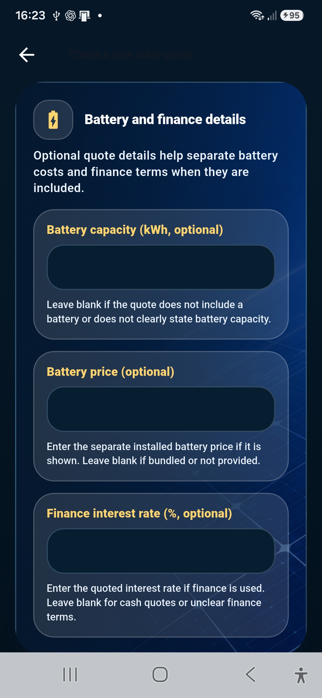 Quote input screen with battery and finance fields.