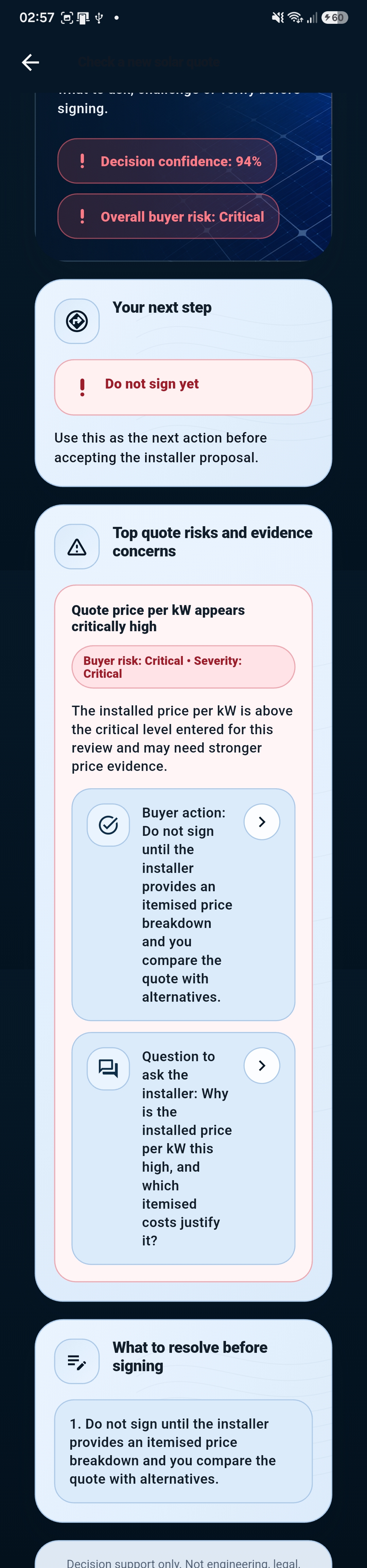 Decision summary screen.